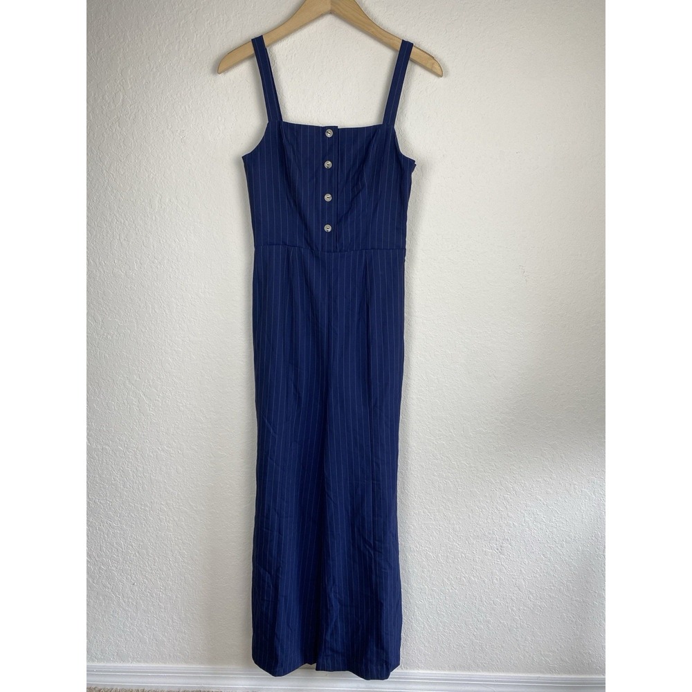 STAUD 8 Tao Jumpsuit Navy Pinstripe Flare Leg Preppy Old Money